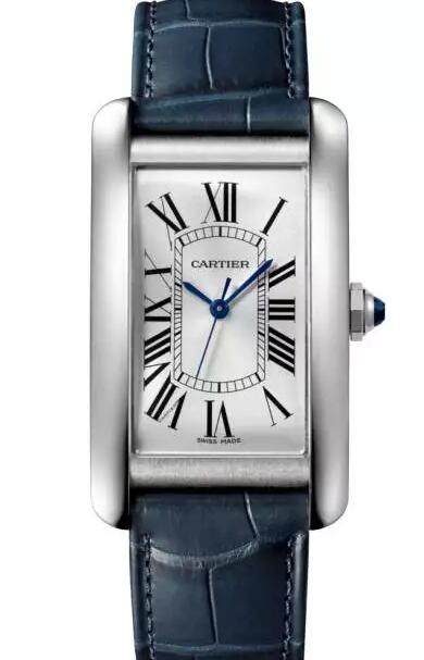 The blue hands and oversized Roman numerals hour markers are iconic features of Cartier.
